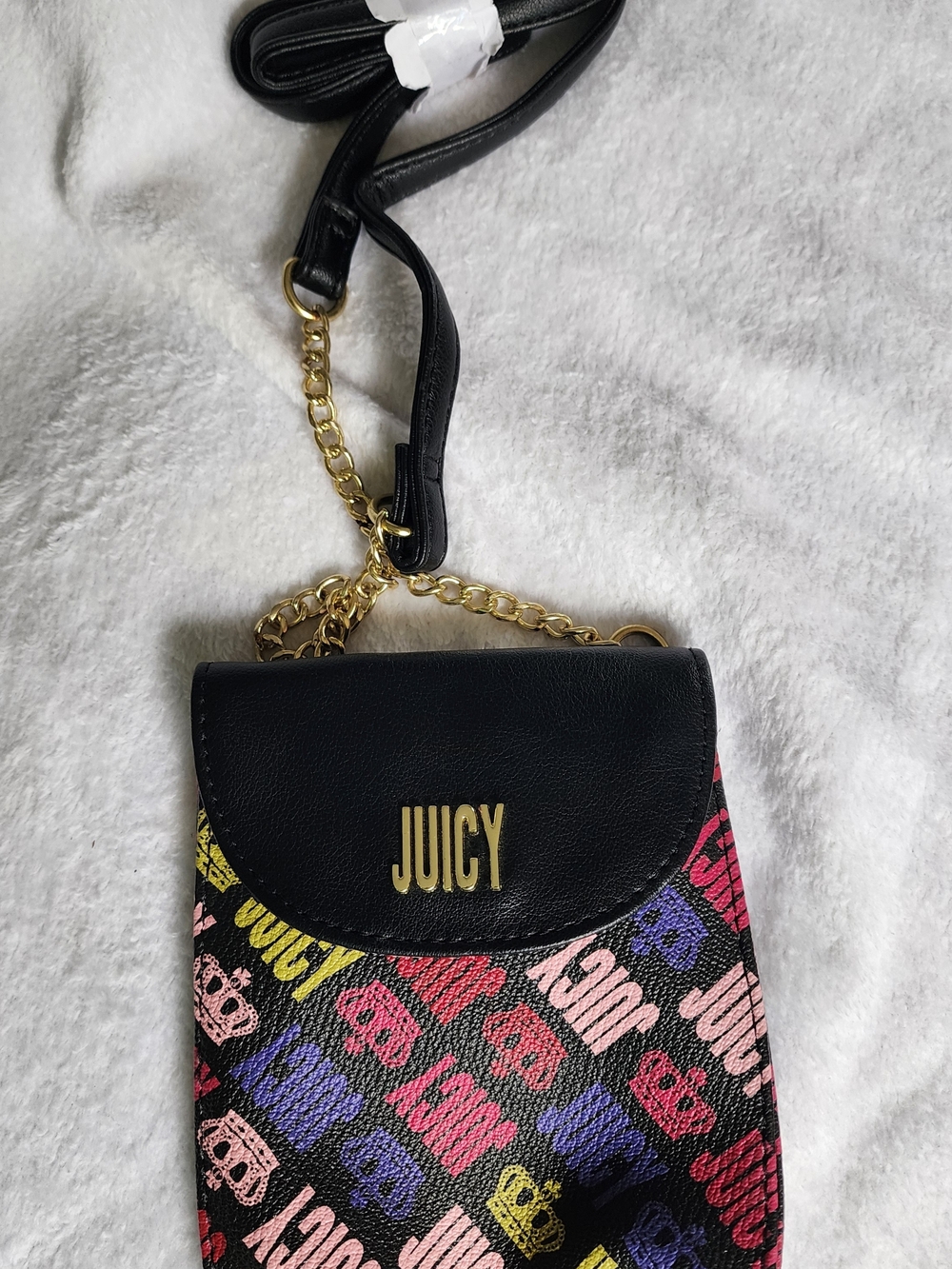 Juicy Couture Black Multicolor Logo Small Crossbody with Gold Chain